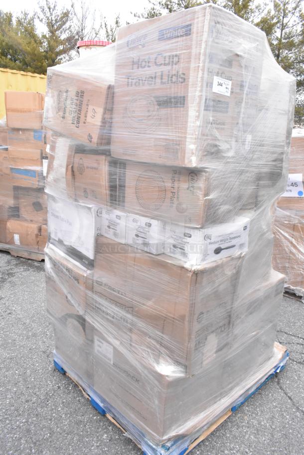 Pallet of 31 brand new scratch and dent items including Kraft bags, cafeteria trays, paper bags, wrapped in plastic.