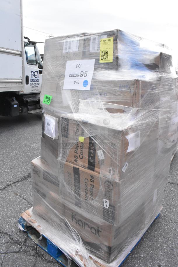 Pallet of 31 brand new items, including Kraft bags and cafeteria trays. Labels indicate scratch and dent condition.