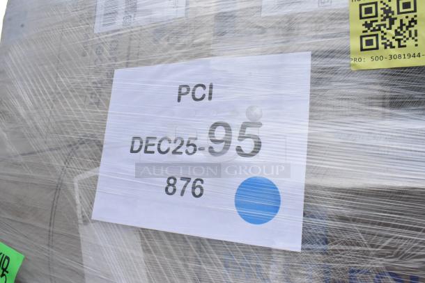 Stacked items wrapped in plastic with label "PCI DEC25-95 876." Includes Kraft bags, cafeteria trays, paper bags.