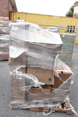 Pallet with 20 brand new "scratch and dent" items, including sign holders, mop heads, table base plates, and spoons. Wrapped in plastic.