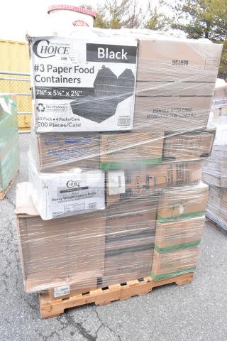 Plastic-wrapped pallet of assorted paper food containers, plates, and foam cups, featuring brands like Choice. Scratch and dent condition.