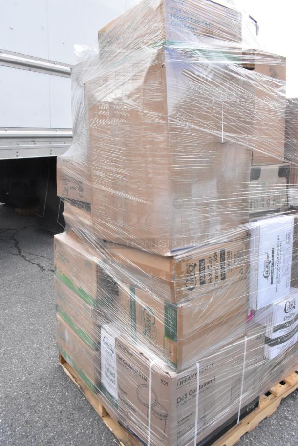 Pallet of 34 new items, including containers, plates, foam cups, wrapped in plastic. Scratch and dent condition.