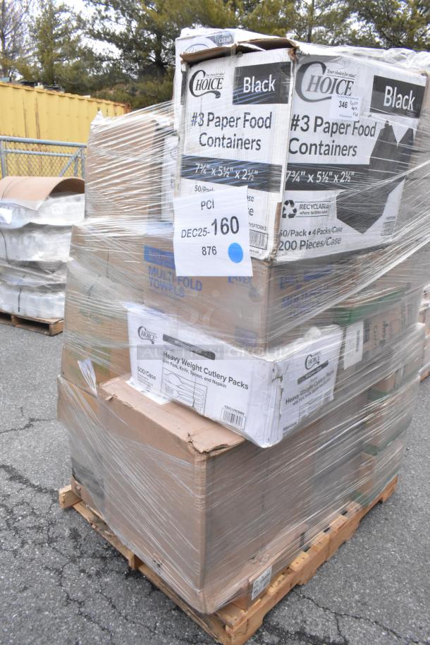 Pallet with 34 brand new scratch and dent items, including Choice paper food containers and cutlery packs, wrapped in plastic.