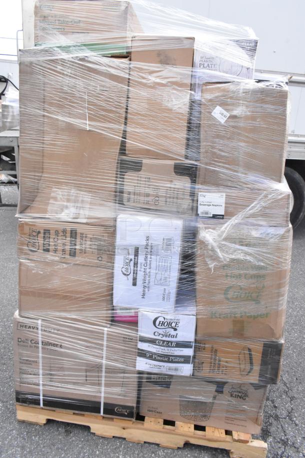 Pallet of 34 assorted boxes, brand new scratch-and-dent items including containers, plates, and foam cups, wrapped in plastic.
