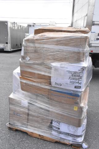 Pallet of 29 new scratch and dent items including hot cups, plates, containers, and bags, wrapped in plastic for auction.
