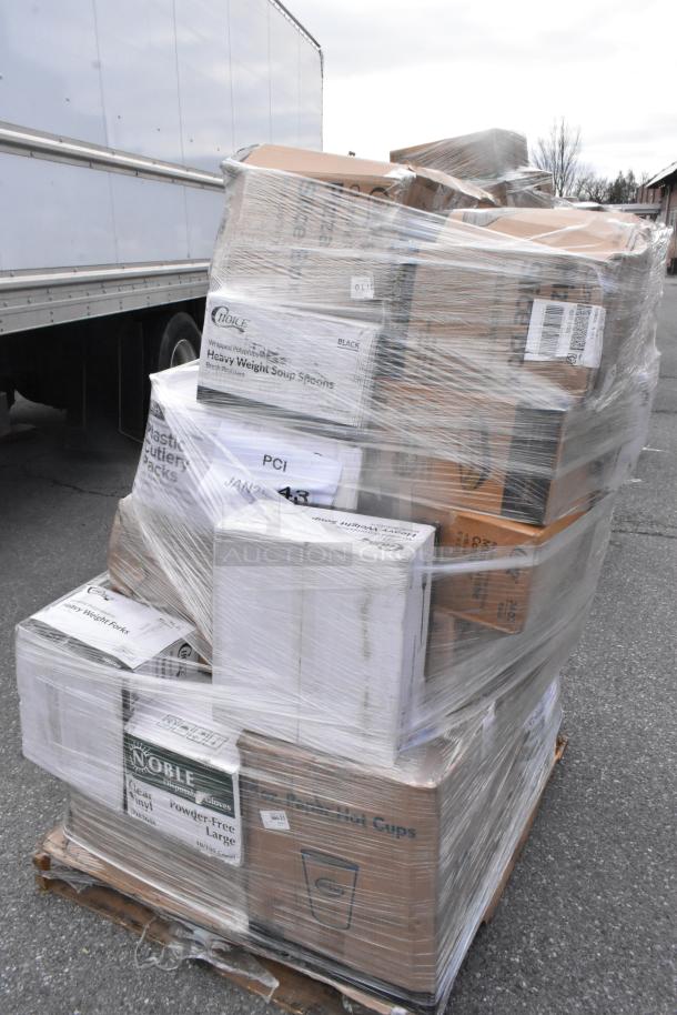 Shrink-wrapped pallet with 29 new scratch and dent items, including hot cups, plates, and containers. Visible labels: Choice, Noble.