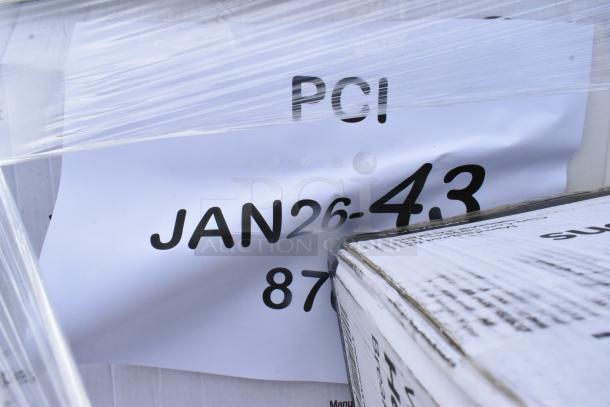 29 new scratch and dent items including hot cups, plates, containers, bags. Features labels with "PCI JAN26-4.3 870".