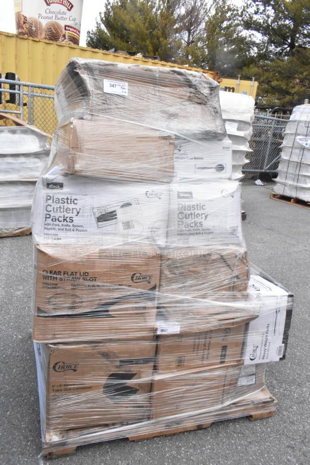 Pallet of 29 new scratch-and-dent items, including Choice brand plastic cutlery packs, flat lids, and take-out containers, shrink-wrapped.