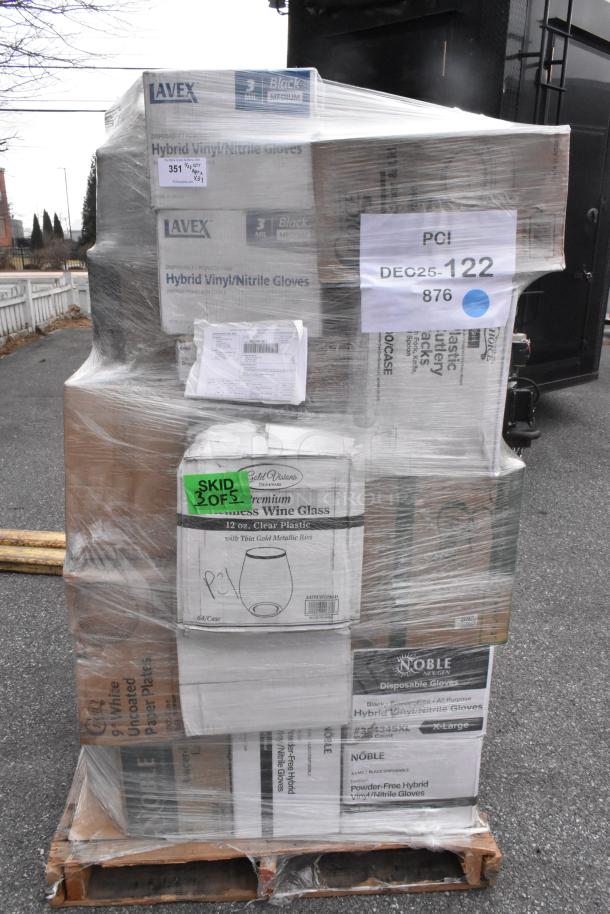 Plastic-wrapped pallet with 37 brand new scratch and dent items including Lavex gloves, cake circles, napkins, and wine glasses.