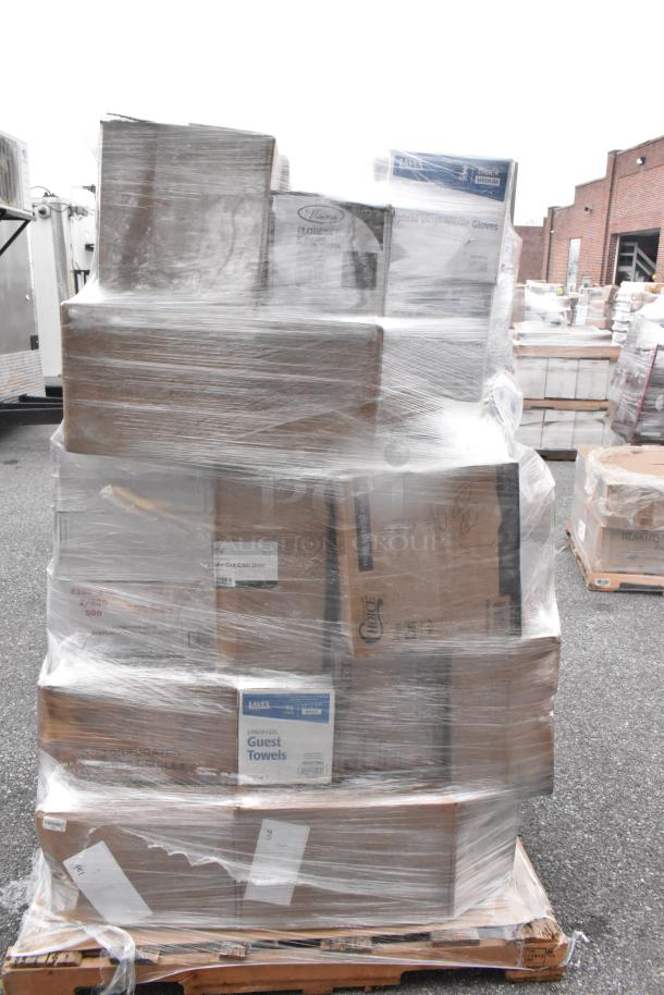 Pallet of 37 brand new scratch and dent items, including napkins, cake circles, gloves. Wrapped in plastic, visible box labels.
