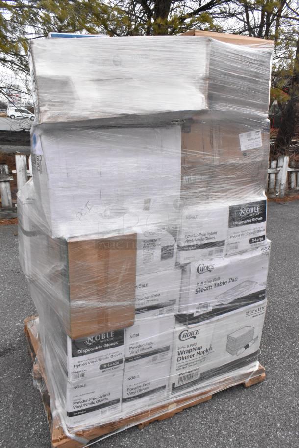 Pallet with 37 scratch and dent items, including Noble gloves and Choice napkins. Wrapped in plastic, brand new condition.