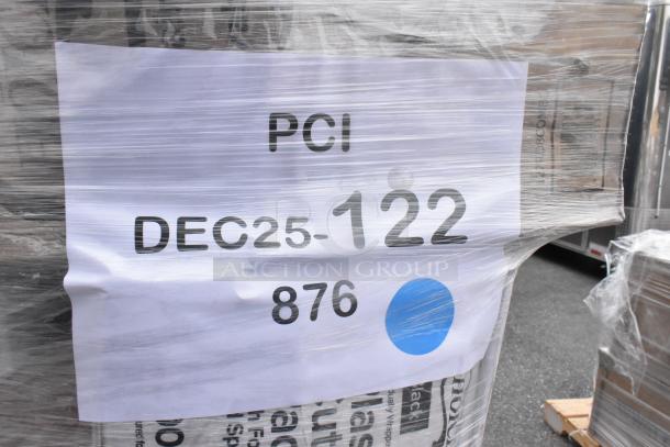 Wrapped pallet of 37 brand new scratch and dent items including napkins and cake circles. Label reads "PCI DEC25-122 876."