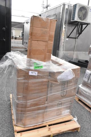Pallet with wrapped boxes containing scratch and dent items, including 70-quart Ultrastorage boxes and a 600B11014 bar sink.