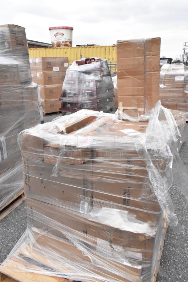 Pallet of 8 new scratch and dent items, including 70 Qt Ultrastorage boxes and 600B11014 bar sink, wrapped in plastic.