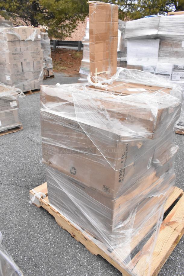 Pallet with eight boxed scratch and dent items, including 70-quart ultrastorage boxes and 600B11014 bar sink, wrapped in plastic.