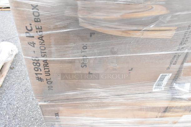 Pallet of items, including 70 Qt Ultra Storage Boxes, wrapped in plastic. Visible markings and barcode, new condition.