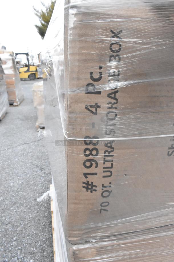 Pallet with boxes labeled "#1988-4 PC. 70 QT ULTRASTORAGE BOX," wrapped in plastic, for auction. Brand new condition.