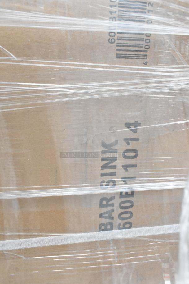 Packaged bar sink with "BAR SINK 600B11014" label. Visible protective wrap. Part of a lot with Ultrastorage boxes.