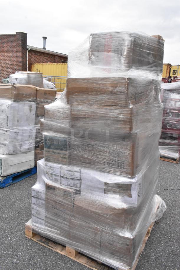 Shrink-wrapped pallet of 33 new, scratch and dent items, including lids, drink carriers, hot cups, and plates.
