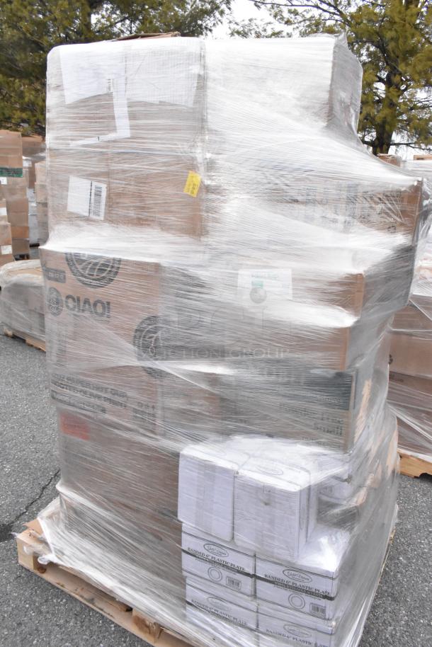 Pallet of 33 new scratch and dent items, wrapped, including lids, drink carriers, hot cups, plates. Various brands visible.