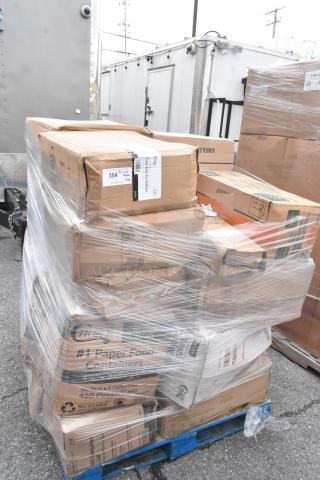 Stack of boxes containing 23 new scratch and dent items including deli containers, lids, bowls, and tamper-evident containers.