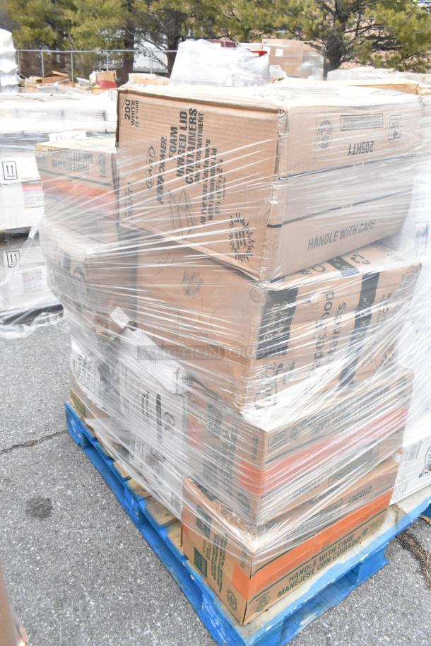 Pallet of boxed brand new kitchen items, including Deli Containers Lids, Dart ClearPac, Winco steam pans, wrapped in plastic.