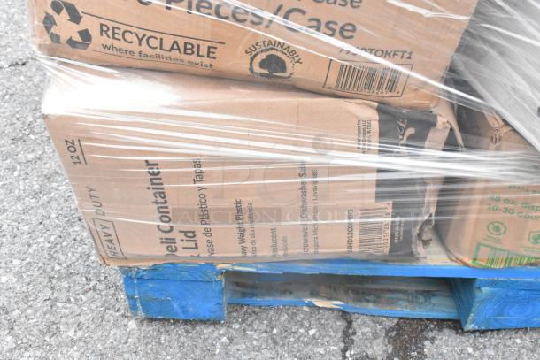 Compressed pallet of scratch and dent items includes deli container lids, disposable bowls, and Dart ClearPac containers.
