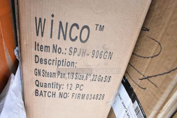 Cardboard box labeled "WINCO" containing GN Steam Pan, 1/9 Size, 6", 22 Ga S/S. Item No. SPJH-906GN, 12 pieces. Batch No. FIRM 034828.