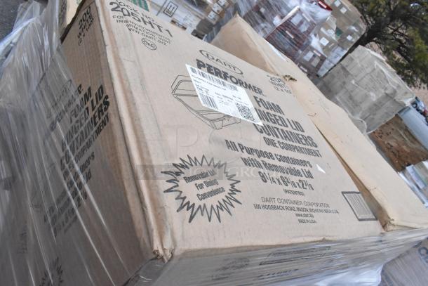 Box of Dart containers with foam hinged lids, labeled for convenience, 200 per case, new condition, part of a 23-item auction lot.
