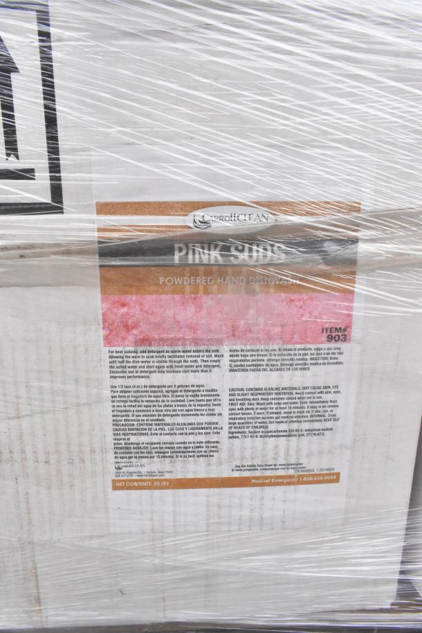 Clear-wrapped box labeled "Carroll CLEAN Pink Suds Powdered Hand Dishwash," item 903, net weight 50 lbs, scratch and dent condition.