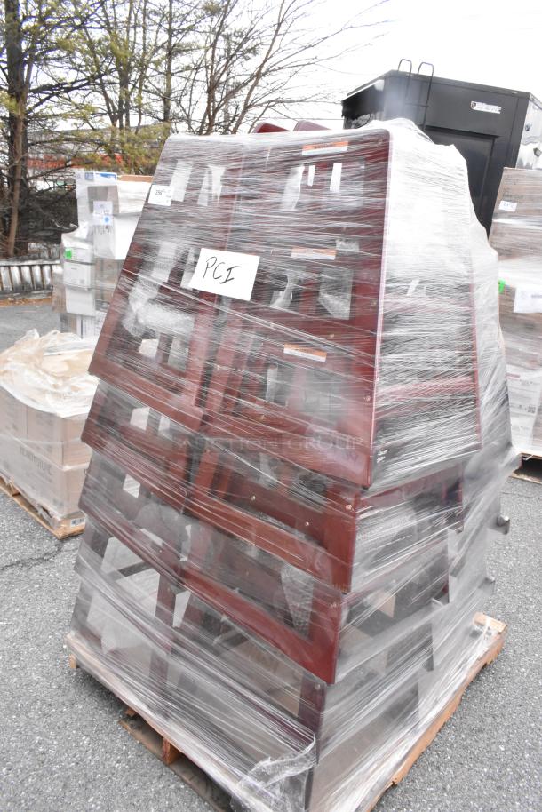 17 new GET HC-100-MOD-M2 wooden high chairs wrapped on a pallet, labeled "PCI," showing minor scratches and dents.