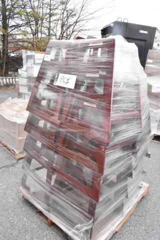 17 new GET HC-100-MOD-M2 wooden high chairs wrapped on a pallet, labeled "PCI," showing minor scratches and dents.