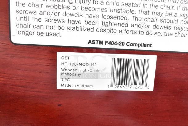 GET HC-100-MOD-M2 Wooden High Chair in mahogany, label shows "1 PC," ASTM F404-20 compliant, made in Vietnam.