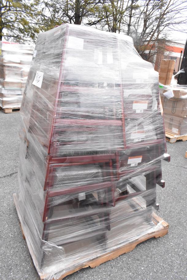 Plastic-wrapped pallet of 17 HC-100-MOD-M2 wooden high chairs, brand new with minor scratches and dents, stacked and ready for auction.