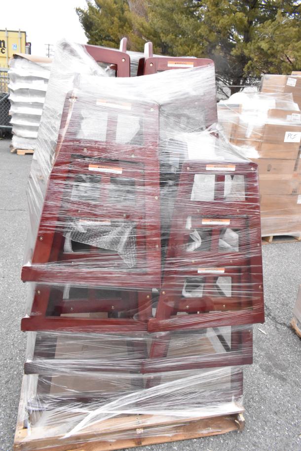 17 GET HC-100-MOD-M2 wooden high chairs, brand new, scratch and dent. Wrapped on a pallet for auction.