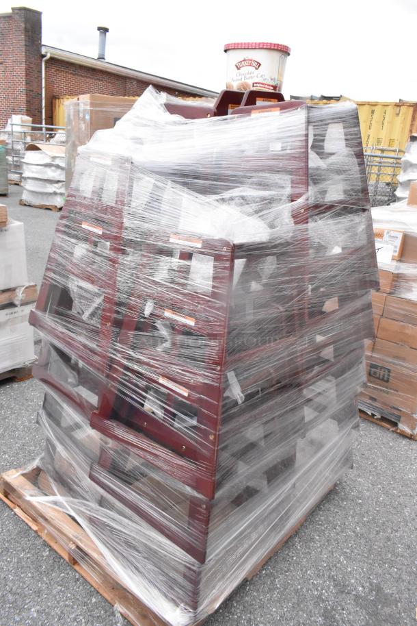 Stack of 17 brand new GET HC-100-MOD-M2 wooden high chairs in original shrink wrap, minor scratches and dents visible.