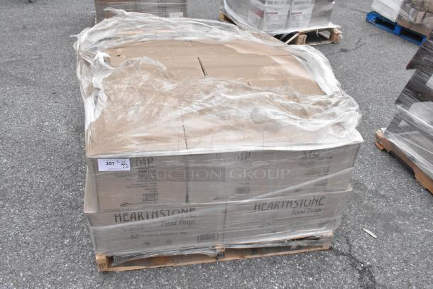 14 brand new scratch-and-dent Hearth Stone food trays, wrapped on a pallet. Boxes labeled and marked with quantity.
