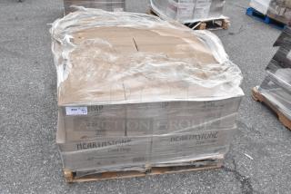 14 brand new scratch-and-dent Hearth Stone food trays, wrapped on a pallet. Boxes labeled and marked with quantity.