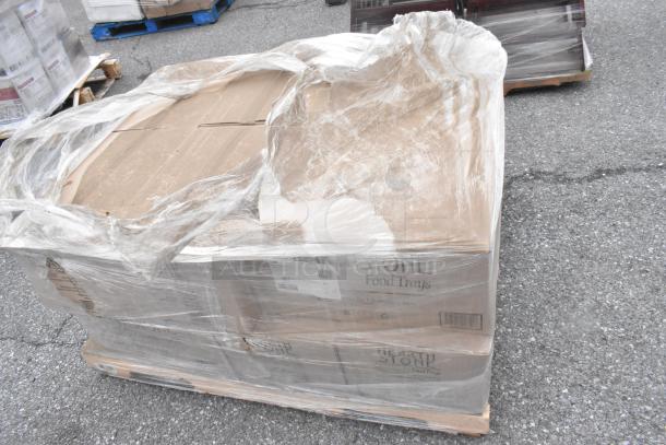 Pallet of 14 brand new Hearth Stone food trays in original packaging, wrapped securely. Visible label reads "Food Trays."