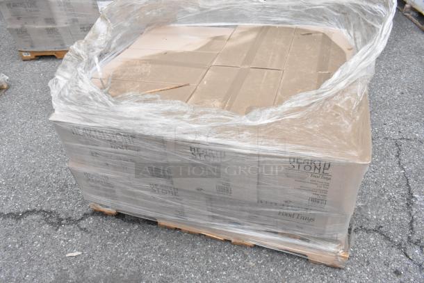 14 Hearth Stone food trays, scratch and dent condition, shrink-wrapped on a pallet. Boxes marked "Food Trays".