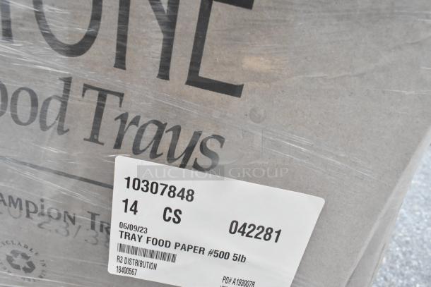 14 Hearth Stone food trays, new scratch and dent condition. Label indicates model #500, 5lb, packaged on 06/09/23.