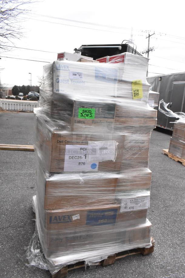 35 assorted items on a pallet, wrapped in plastic. Includes containers, ice bags, and napkins. Visible labels state "Lavex" and "Guest Towels."