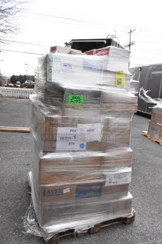 35 assorted items on a pallet, wrapped in plastic. Includes containers, ice bags, and napkins. Visible labels state "Lavex" and "Guest Towels."