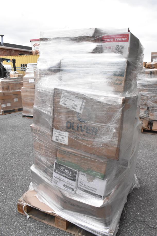 Pallet of 35 assorted new scratch and dent items, wrapped, including containers, ice bags, napkins, and more. Various brands.