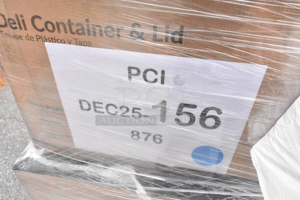 Shrink-wrapped pallet of scratch and dent items, including deli containers and lids. Visible label: "PCI DEC25-156 876."