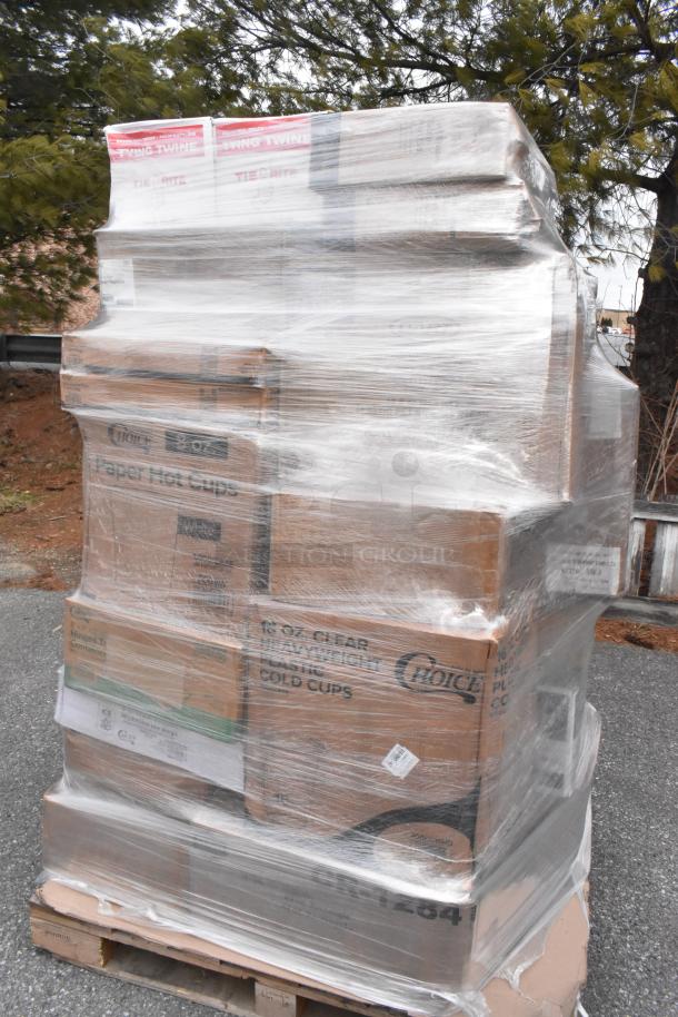 Pallet of 35 brand new scratch and dent items, including containers, ice bags, and napkins. Wrapped for shipping.