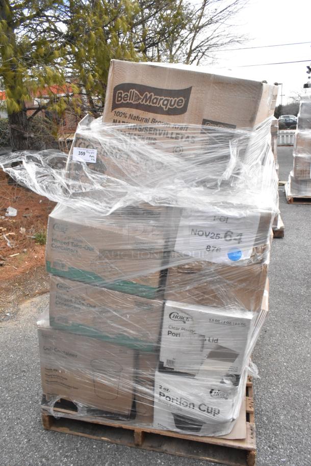Pallet with 36 new scratch and dent items: napkins, portion cups, pizza slice boxes. Brands include Bell-Marque, Choice.