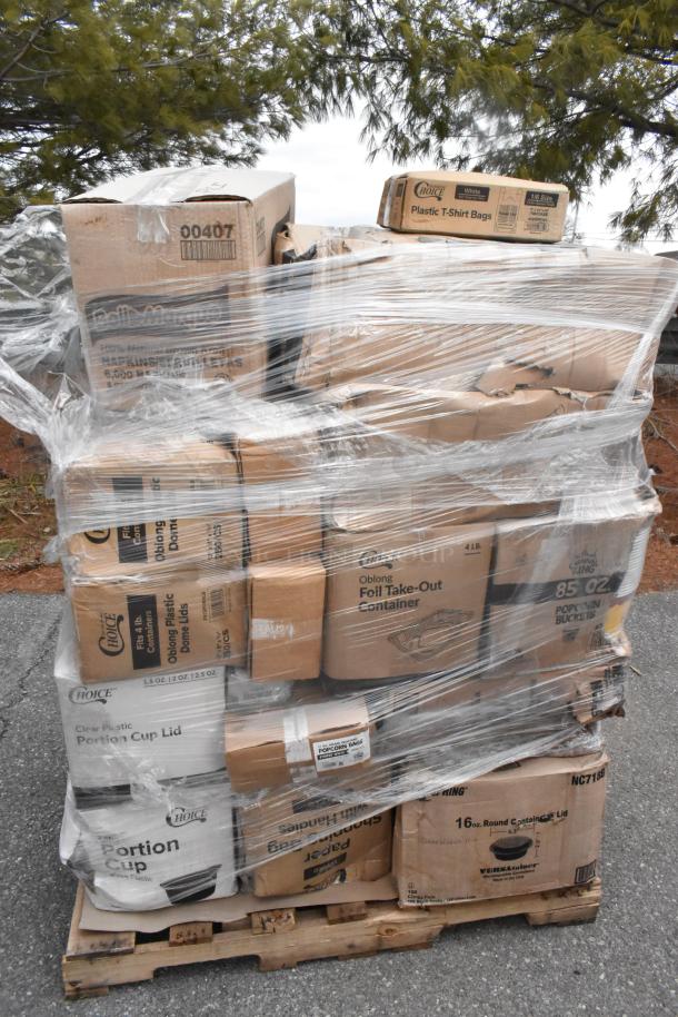 Pallet of boxed items including napkins, portion cups, pizza slice boxes, wrapped in plastic. Scratch and dent condition.