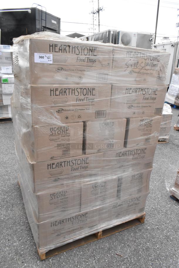 Pallet of 42 new Hearth Stone food trays, scratch and dent condition, wrapped in plastic, visible brand label on boxes.