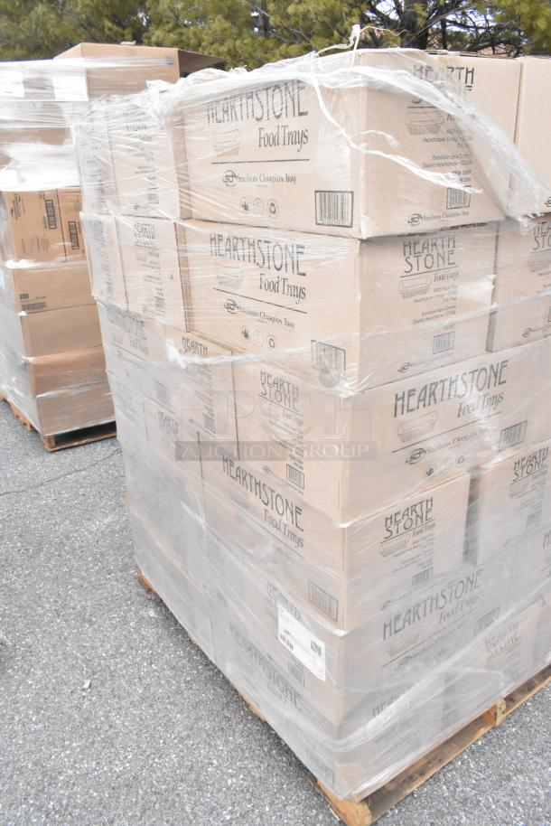 42 brand new Hearthstone food tray boxes on pallet, shrink-wrapped, labeled as scratch and dent.